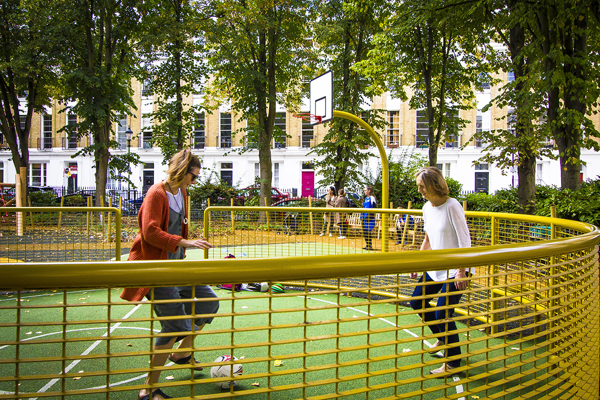 Designing smaller, informal ball games courts encourages inclusive play, and leaves space for a variety of other activities. It also removes the need for tall, unattractive ball fencing.